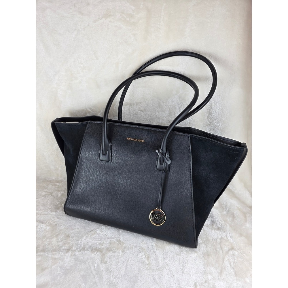 Michael Kors Black‎ Leather Suede Tote Bag Gold Tone MK Charm NWT